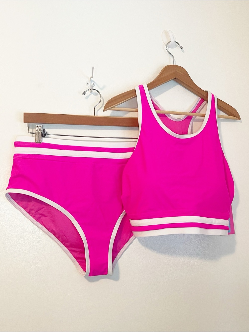 Bright Pink Two-Piece Bikini Set with White Trim Size 16 #60